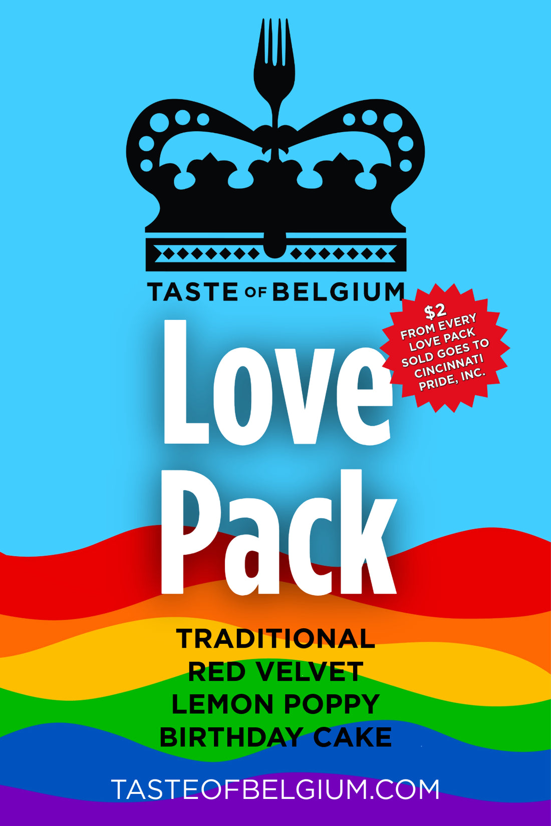 Taste of Belgium's Love Pack, featuring Birthday Cake, Chocolate, and Liège waffles for Pride Month.