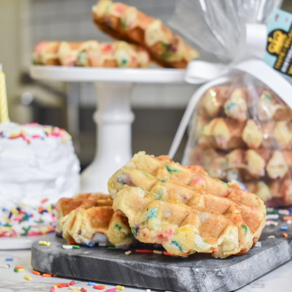 Triple pack of Authentic Waffle Birthday Cake waffles featuring festive vanilla and sprinkles taste.